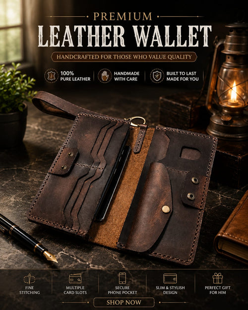 Handmade Premium Leather Long Wallet for Men – Mobile & Passport Travel Wallet