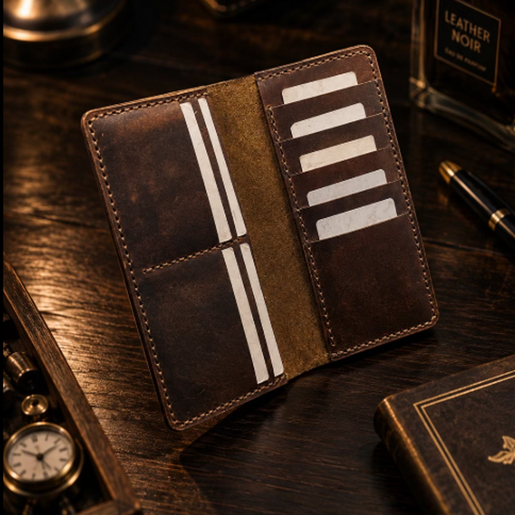 Full-Grain Leather Long Wallet – Handcrafted Vintage Bifold Card & Cash Organizer