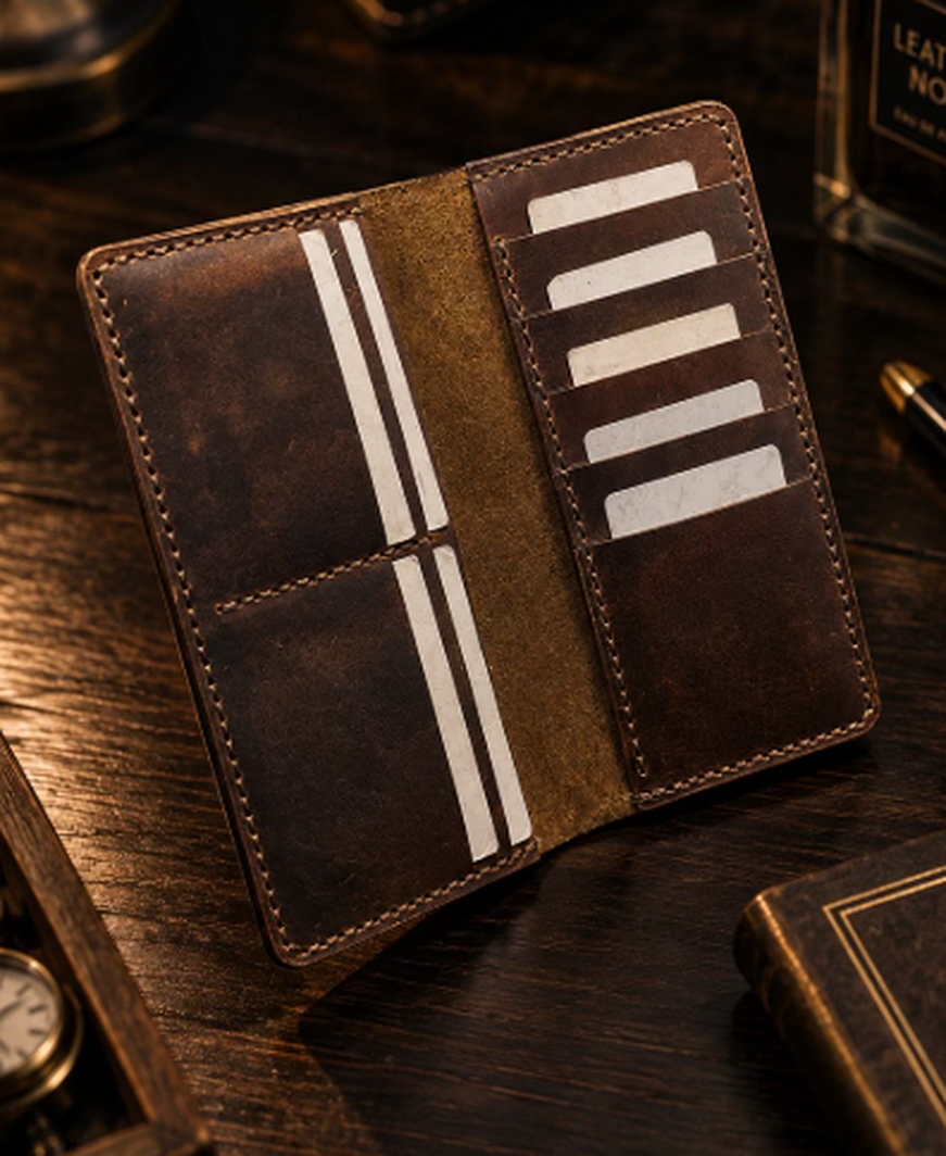 Full-Grain Leather Long Wallet – Handcrafted Vintage Bifold Card & Cash Organizer